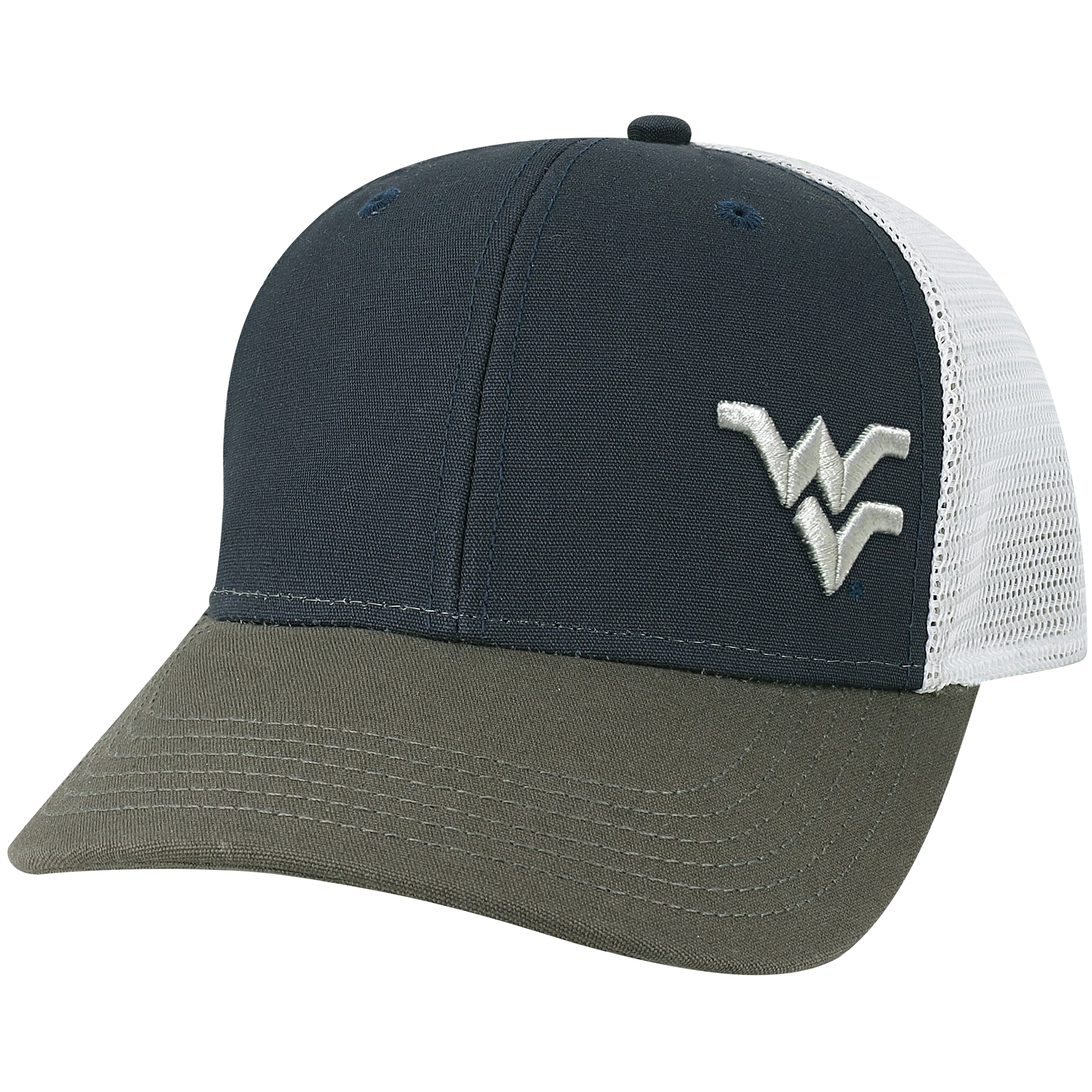 West Virginia Mountaineers Navy/Dark Grey/Silver Mid-Pro Snapback Adjustable Trucker Hat